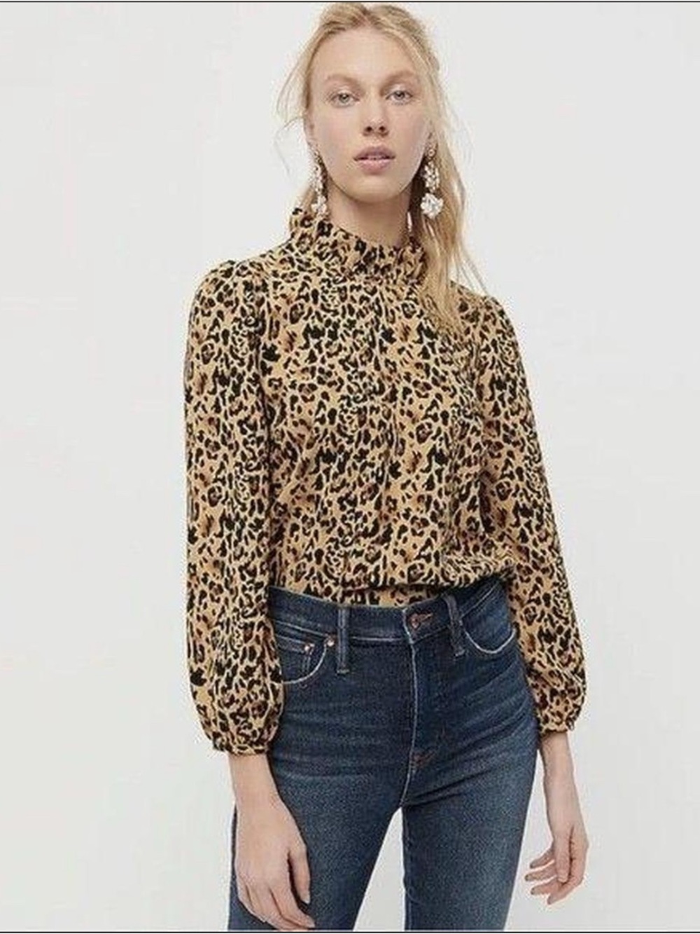 J.Crew Long Sleeve Ruffle Neck Blouse Top Leopard Animal Print Keyhole small